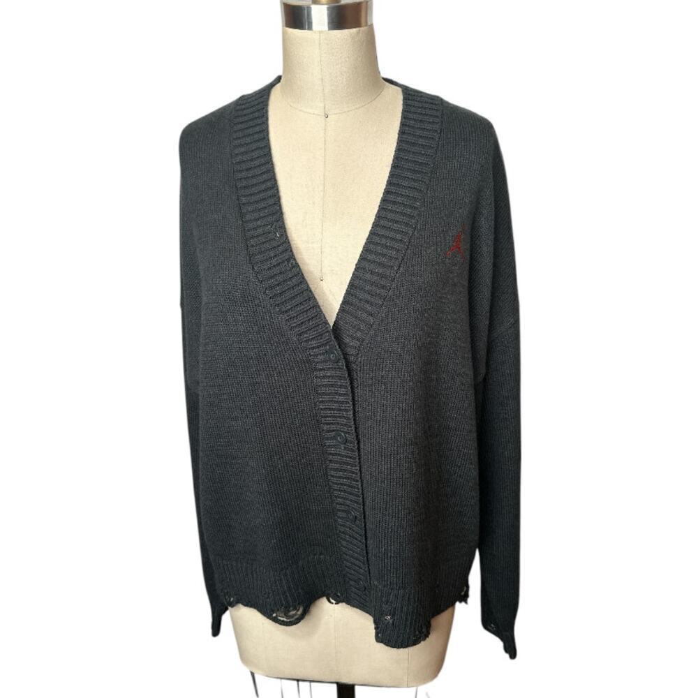 Jordan Black Gray Knit Button Up V-Neck Distressed Cardigan Sweater Womens M NWT